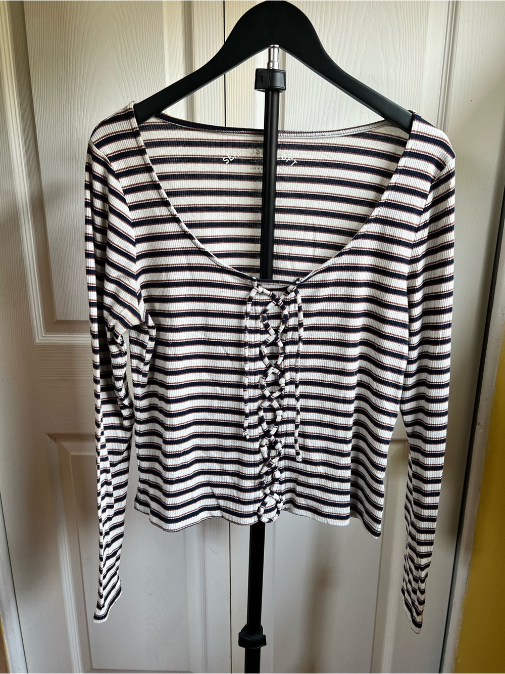 Aeropostale Black and White Striped Lace-Up Long Sleeve Tee